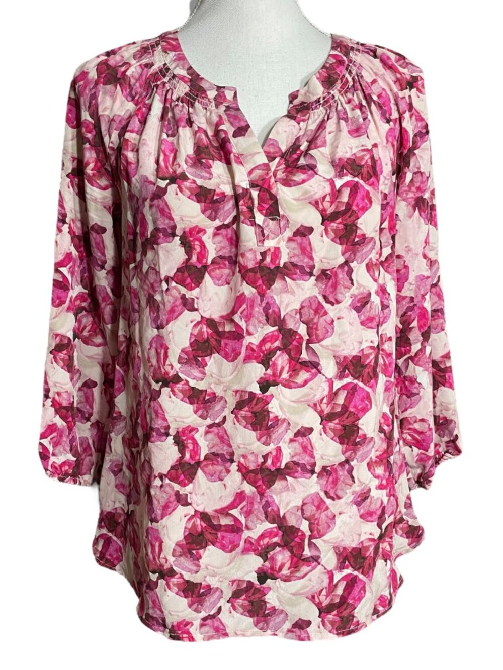 100% Silk Floral Blouse S Max Studio Pink Watercolor Petal Satin Flowy Boho